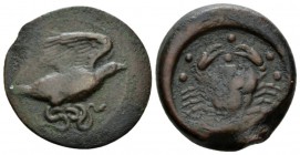 Sicily, Agrigentum Hemilitron circa 425-406, Æ 31.5mm., 19.80g. Eagle standing r. on serpent. Rev. Crab; above, six pellets; below, crayfish l.. Calci...