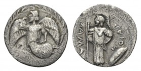 Sicily, Camarina Litra circa 431-435, AR 12.5mm., 0.70g. KAM – AR Nike flying l.; below, swan. All within wreath. Rev. Helmeted Athena standing l., ho...