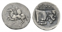 Sicily, Gela Litra circa 430-425, AR 13mm., 0.51g. Warrior on horseback l. Rev. Forepart of man-headed bull (river god) r. Jenkins, Gela, Group 6, 401...