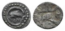 Sicily, Messana _Zankle Litra circa 500-493, AR 11.5mm., 0.73g. ΔΑΝΚLΕ Dolphin swimming left within crescent harbour. Rev. Nine-part incuse square wit...