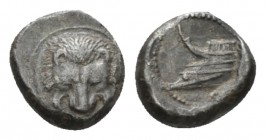 Sicily, Messana-Zankle under Samian Rule Diobol circa 493-388, AR 11mm., 1.09g. Facing lion's scalp. Rev. Prow of a Samaina l. Clain-Stefanelli, "On S...