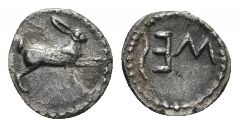 Sicily, Messana -Zankle Litra circa 488-461, AR 10mm., 0.62g. Hare springing r. ...