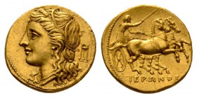 Sicily, Syracuse Decadrachm circa 269-263, AV 15.5mm., 4.23g. Head of Kore-Persephone l., wearing barley-wreath, earring and necklace; behind, tripod....
