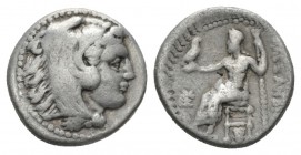 Kingdom of Macedon, Alexander III, 336 – 323 Sardes Drachm 324-323, AR 16mm., 4.10g. Head of Herakles r., wearing lion skin Rev. AΛΕΞΑΝΔΡΟY Zeus seate...