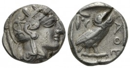Attica, Athens Tetradrachm circa 403-365, AR 25.5mm., 17.02g. Helmeted head of Athena r. Rev. Owl, standing r., in upper l. field, olive sprig and cre...