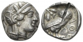Attica, Athens Tetradrachm circa 403-365, AR 23.5mm., 17.08g. Helmeted head of Athena r. Rev. AΘE Owl, standing r., in upper l. field, olive sprig and...