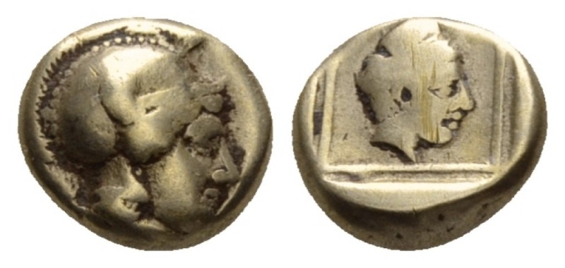 Lesbos, Mytilene Hecte circa 412-378, EL 10mm., 2.47g. Helmeted head of Athena r...