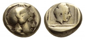 Lesbos, Mytilene Hecte circa 412-378, EL 10mm., 2.47g. Helmeted head of Athena r. Rev. Head of Artemis-Kybele r., wearing ornate stephanos, in linear ...