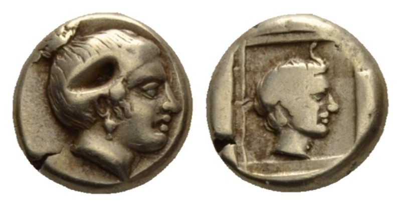 Lesbos, Mytilene Hecte circa 412-378, EL 10.5mm., 2.55g. Head of nymph r. Rev. H...