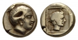 Lesbos, Mytilene Hecte circa 412-378, EL 10.5mm., 2.55g. Head of nymph r. Rev. Horned head of Pan right within linear incuse square. Bod. Em 69.

Ve...