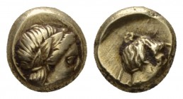 Lesbos, Mytilene Hecte circa 377-326, EL 9.5mm., 2.50g. Laureate head of Apollo r. Rev. Female head (Artemis?) right within linear square border. Bode...