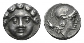 Pamphilia, 35 Side Obol circa 350-300, AR 10.5mm., 0.95g. Gorgoneion facing. Rev. Helmeted head of Athena r. Waddington 3930. SNG France 1933.

Tone...