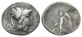 Pamphilia, Side Drachm 205-100, AR 20mm., 3.81g. Head of Athena r., wearing crested Corinthian helmet. Rev. Nike advancing l., holding wreath; in l. f...