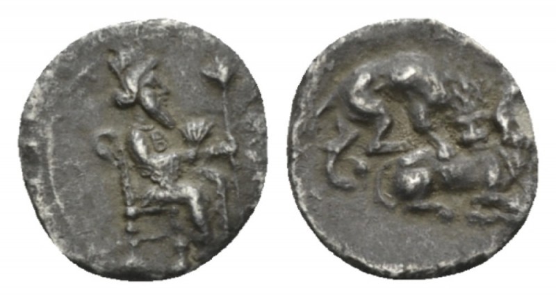 Cilicia, Mazaios, 361-334 Tarsus Obol 361-334, AR 10mm., 0.56g. Crowned figure o...