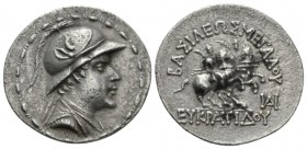 Parthia, Eucratides I, circa 171 – 145 Balkh Tetradrachm 171-145, AR 35mm., 16.89g. Draped bust of Eucratides r., wearing horned helmet; all within be...