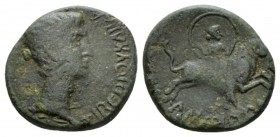 Macedonia, Amphipolis Octavian, 32 – 27 BC Bronze 32-30, Æ 21mm., 6.17g. Bare head r. Rev. Artemis Tauropolos, holding billowing veil, on bull chargin...