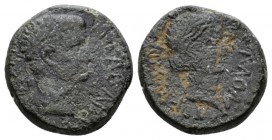 Macedonia, Thessalonica Tiberius, with Julia Augusta (Livia). Bronze 14-23, Æ 20.5mm., 9.08g. Laureate head r. Rev. Diademed head of Livia right. RPC ...