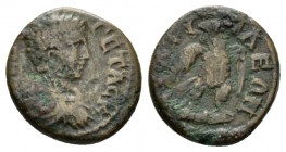 Thrace, Anchialus Geta, 209-212 Bronze 209-212, Æ 17.5mm., 4.04g. Draped and cuirassed bust r. Rev. Eagle standing facing on thunderbolt, head l., hld...