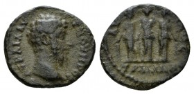 Thrace, Augusta Traiana Lucius Verus, 161-169 Bronze 161-169, Æ 18.5mm., 2.93g. Bare headed bust r. Rev. Three Nymphs draped arm in arm. Varbanov 909....