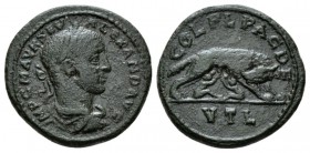 Thrace, Deultum Severus Alexander, 222-235 Bronze 222-235, Æ 24.5mm., 8.01g. Laureate, draped and cuirassed bust r. Rev. She-wolf standing r., sukling...