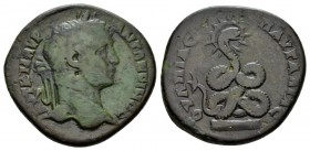 Thrace, Pautalia Caracalla, 198-217 Bronze 198-217, Æ 30.5mm., 13.15g. Laureate bust r. Rev. Colend serpent, with forked tail and radiate nimbate head...