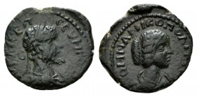 Moesia, Nicopolis ad Istrum Septimius Severus, 193-211 Bronze 193-211, Æ 16.5mm., 3.06g. Laureate bust r. Rev. Draped bust of J. Domna r. Varbanov 282...