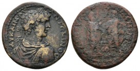 Pontus, Amasia Caracalla, 198-217 Bronze 207, Æ 29mm., 18.56g. Laureate, draped and cuirassed bust r. Rev. Caracalla and Geta facing each other, clasp...
