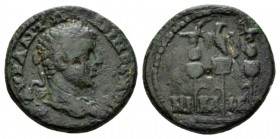 Bithynia, Nicaea Caracalla, 198-217 Bronze 198-217, Æ 21.5mm., 6.23g. Laureate bust r. Rev. Aquila between two signa. R.G. 482.

Several scratches o...