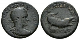 Mysia, Cyzicus Macrinus, 217-218 Bronze 217-218, Æ 25.5mm., 9.44g. Laureate, draped, and cuirassed bust r. Rev. Galley with helmsman and four rowers s...