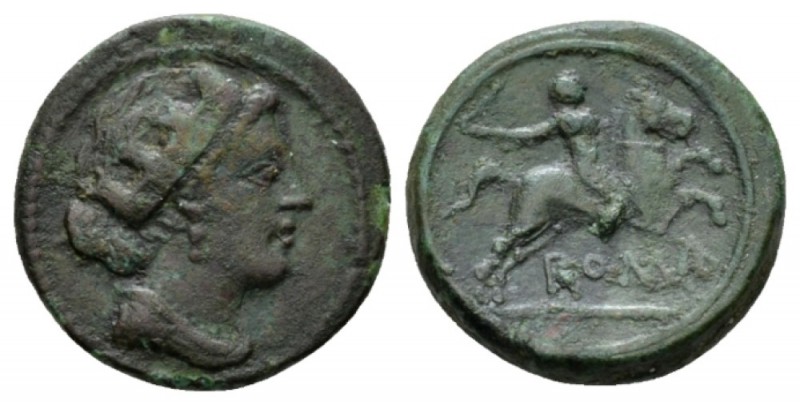 Semuncia circa 217-215, Æ 19.5mm., 6.16g. Draped female bust r., wearing turrete...