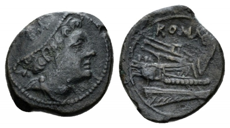 Semuncia Sicily circa 214-212, Æ 16mm., 3.18g. Head of Mercury r. Rev. ROMA Prow...