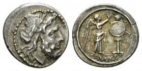 Anonymous issue Victoriatus after 218, AR 17.5mm., 3.24g. Laureate head of Jupiter r. Rev. Victory r., crowning trophy; in exergue, ROMA. Sydenham 83....