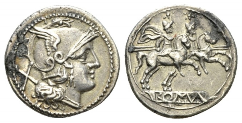 Denarius circa 214-213, AR 20mm., 4.15g. Helmeted head of Roma r.; behind, X. Re...