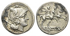Denarius circa 214-213, AR 20mm., 4.15g. Helmeted head of Roma r.; behind, X. Rev. Dioscuri galloping r.; in exergue, ROMA partially incuse on raised ...