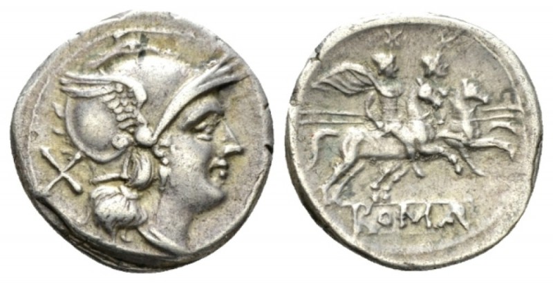 Denarius 214-213, AR 19mm., 4.08g. Helmeted head of Roma r.; behind, X. Rev. Dio...