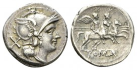 Denarius 214-213, AR 19mm., 4.08g. Helmeted head of Roma r.; behind, X. Rev. Dioscuri galloping r.; in exergue, ROMA partially incuse on raised tablet...