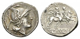 Quinarius 214-213, AR 15.5mm., 2.27g. Helmeted head of Roma r.; behind, V and beneath neck truncation, pellet. Rev. The Dioscuri galloping r.; in exer...