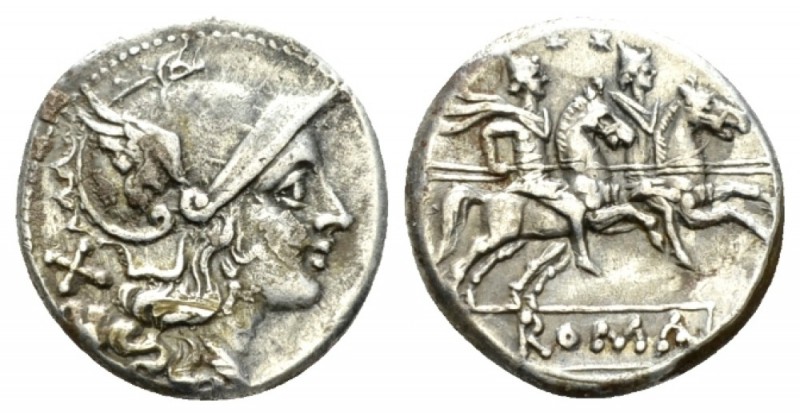 Denarius after 211, AR 17.5mm., 3.73g. Helmeted head of Roma r.; behind, X. Rev....