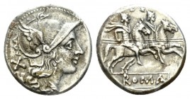 Denarius after 211, AR 17.5mm., 3.73g. Helmeted head of Roma r.; behind, X. Rev. The Dioscuri galloping r.; below, ROMA in partial frame. Sydenham 229...