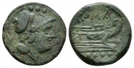 Triens Sardinia after 211, Æ 23.5mm., 7.77g. Helmeted head of Minerva r.; above, four pellets. Rev. ROMA Prow r.; below, four pellets. Russo RBW 207. ...