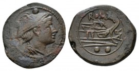 Sextans Sardinia circa 209, Æ 20mm., 4.94g. Head of Mercury r.; above, two pellets. Rev. ROMA Prow r.; before, AVR ligate set vertically and below, tw...