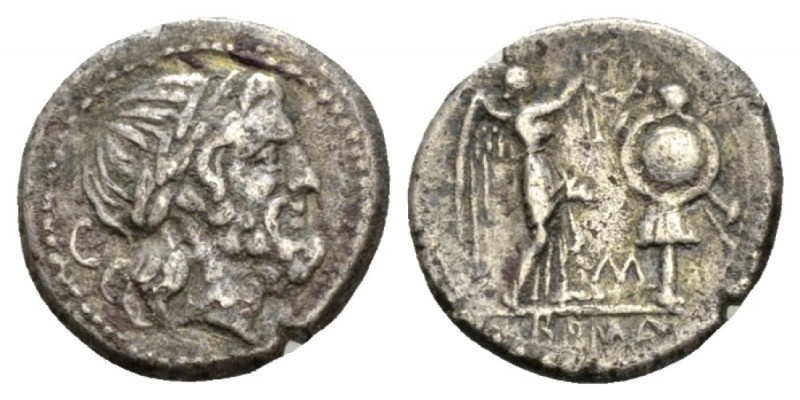 Victoriatus Sicily circa 211-208,, AR 16.5mm., 2.41g. Laureate head of Jupiter r...