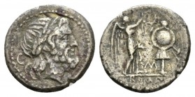 Victoriatus Sicily circa 211-208,, AR 16.5mm., 2.41g. Laureate head of Jupiter r.; behind, C. Rev. Victory standing r., crowning trophy; in field, M a...