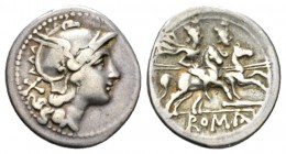 Denarius South East Italy circa 209, AR 19.5mm., 3.81g. Helmeted head of Roma r.; behind, X. Rev. The Dioscuri galloping r.; below, spearhead set hori...