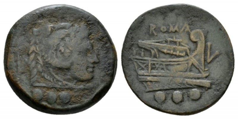 Quadrans Luceria circa 214-212., Æ 24.5mm., 9.03g. Head of Hercules r., wearing ...