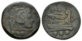Quadrans Luceria circa 214-212., Æ 24.5mm., 9.03g. Head of Hercules r., wearing lion's skin; behind, L and below, three pellets. Rev. ROMA Prow r.; be...