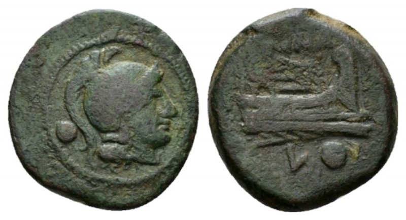 Uncia Luceria circa 214-212, Æ 18mm., 4.00g. Helmeted head of Roma r.; behind, p...