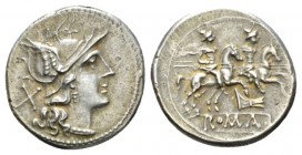 Denarius circa 206-195, AR 19.5mm., 4.10g. Helmeted head of Roma r.; behind, X. Rev. The Dioscuri galloping r.; below, rostrum tridens and ROMA in par...