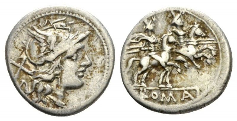 Denarius circa 189-180, AR 18mm., 3.82g. Helmeted head of Roma r.; behind, X. Re...