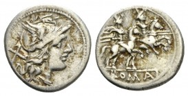Denarius circa 189-180, AR 18mm., 3.82g. Helmeted head of Roma r.; behind, X. Rev. The Dioscuri galloping r.; below, ROMA in tablet. Sydenham 338. Cra...